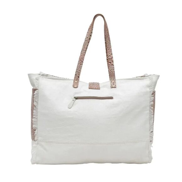 Myra Bag Handmade Smokey Weekender Bag Upcycled Canvas & Cowhide Leather - Picture 15 of 16